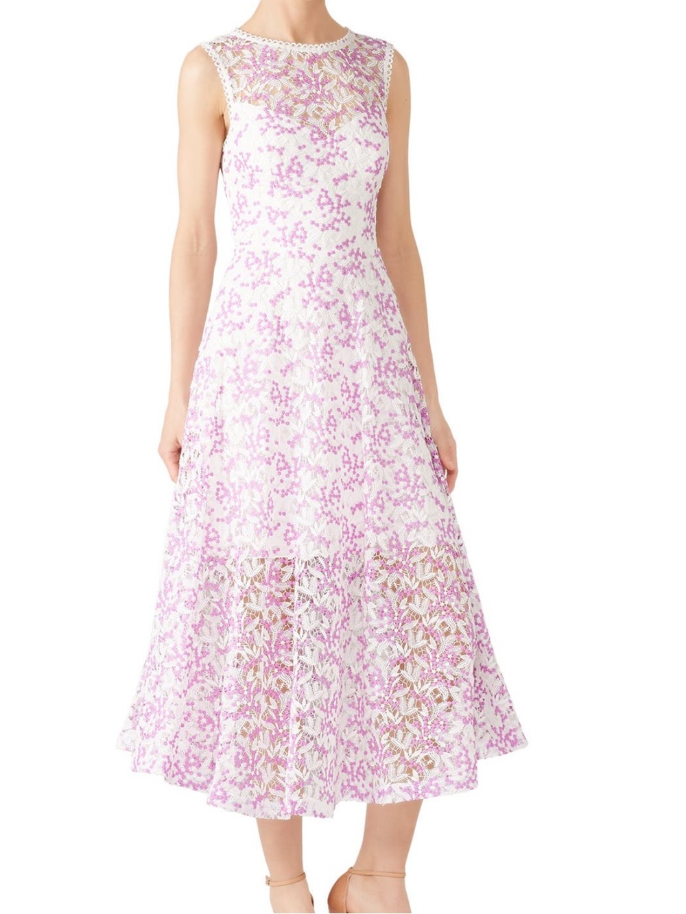 ML Monique Lhuillier Floral Sheer Hem Midi Dress Size 10 Purple White Lace